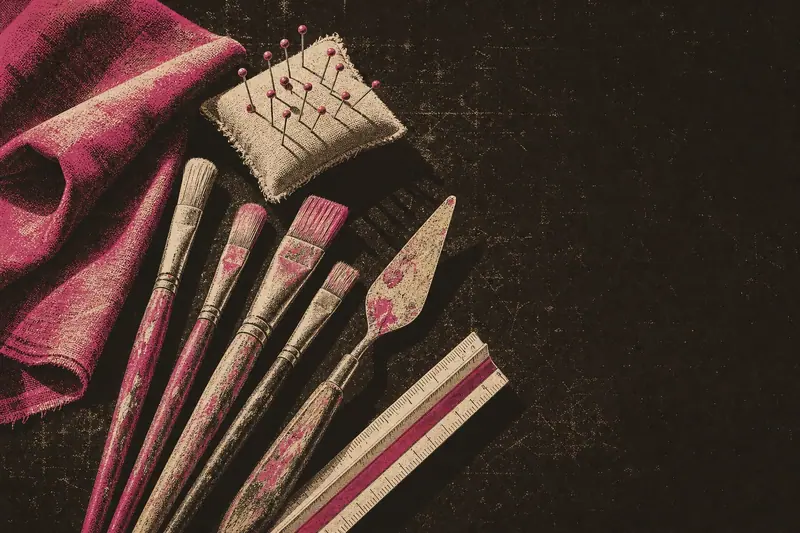 Worn paintbrushes, a palette knife, a pincushion, folded fabric and an architect's scale rule