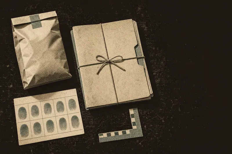 A sealed evidence bag, a case file tied with string, a fingerprint card and a numbered photo scale marker