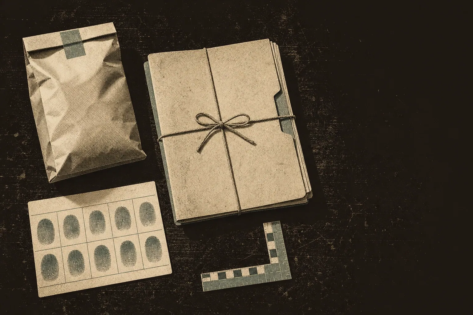 A sealed evidence bag, a case file tied with string, a fingerprint card and a numbered photo scale marker