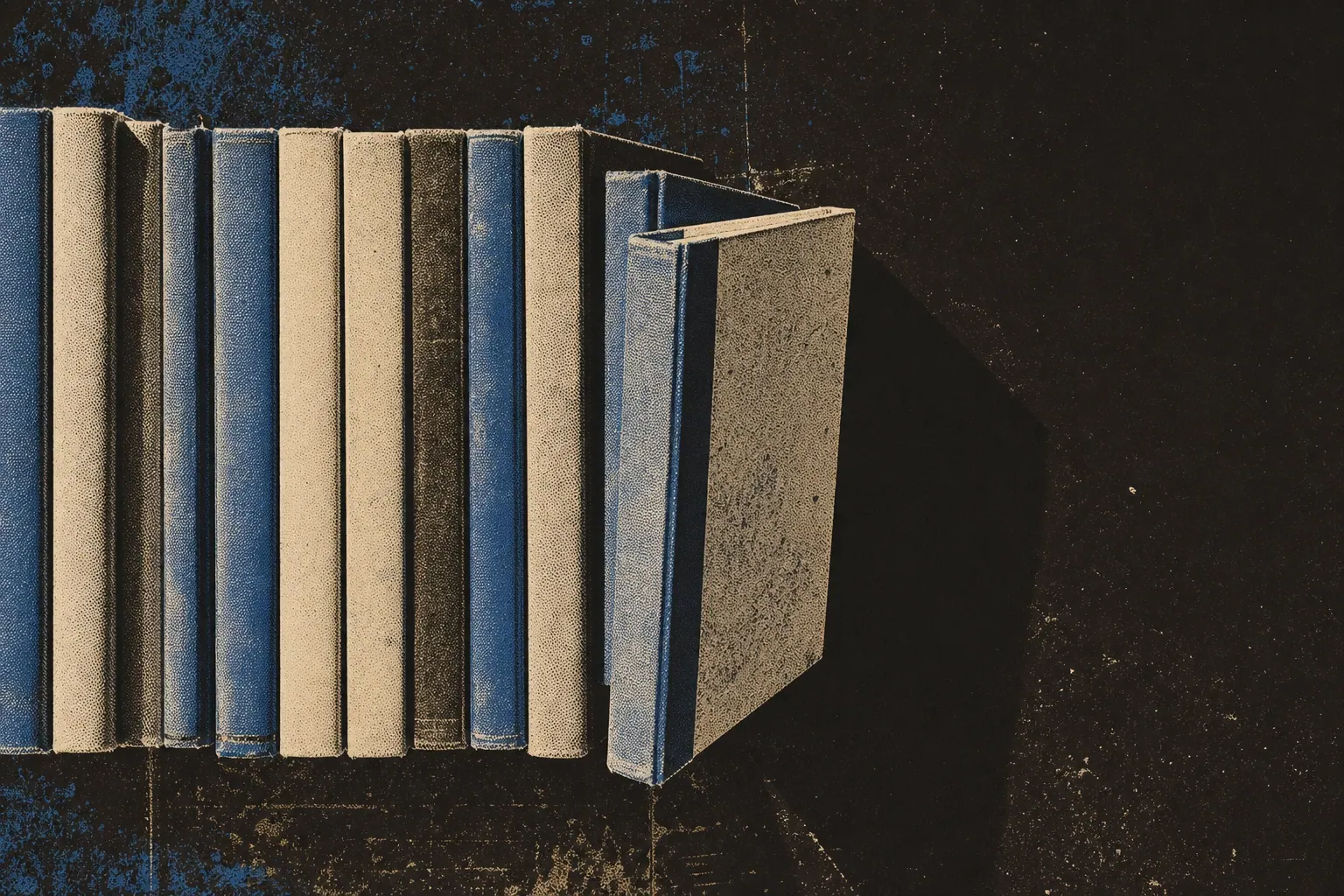 A wall of unlabelled book spines, one volume pulled half out of the row
