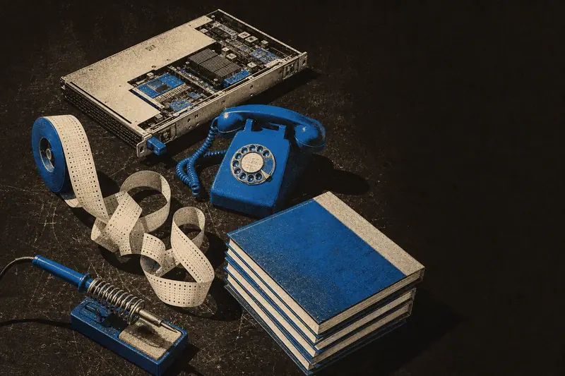 A server blade, spilled ticker tape, a rotary telephone, bound annual reports and a soldering iron