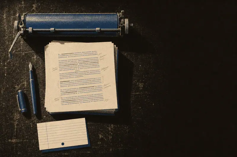 A typewriter platen, corrected manuscript pages, an uncapped fountain pen and a library index card