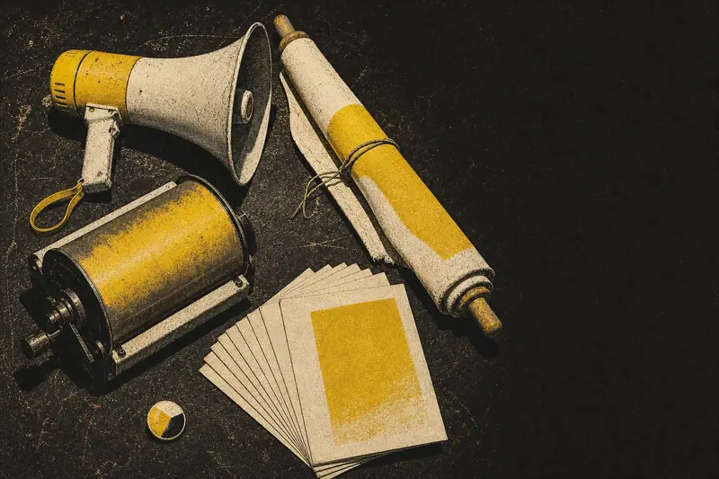 A hand megaphone, a rolled cloth banner, a mimeograph drum, a fan of leaflets and an enamel badge