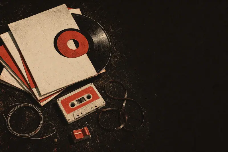 Vinyl singles, a cassette with its tape pulled loose, a broken guitar string and a fader cap, laid out on a dark workbench