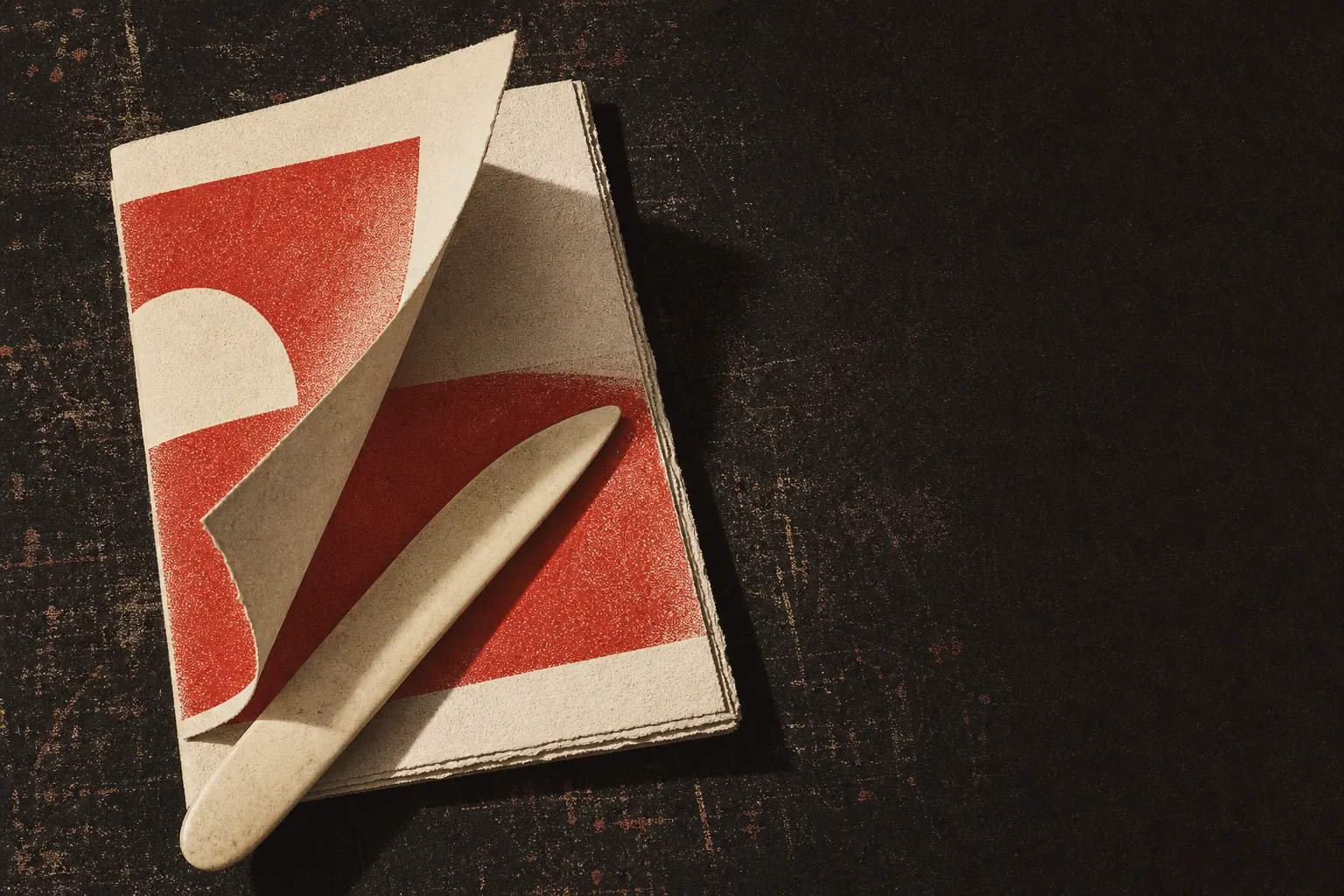 A folded signature of cream uncoated paper with a bone folder resting across it