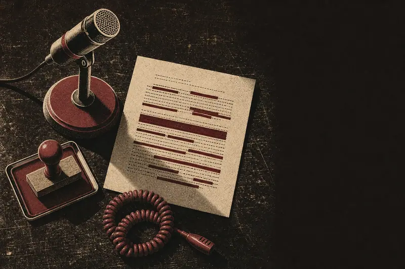 A lectern microphone, a heavily redacted typed document, a rubber date stamp and a coiled telephone cord