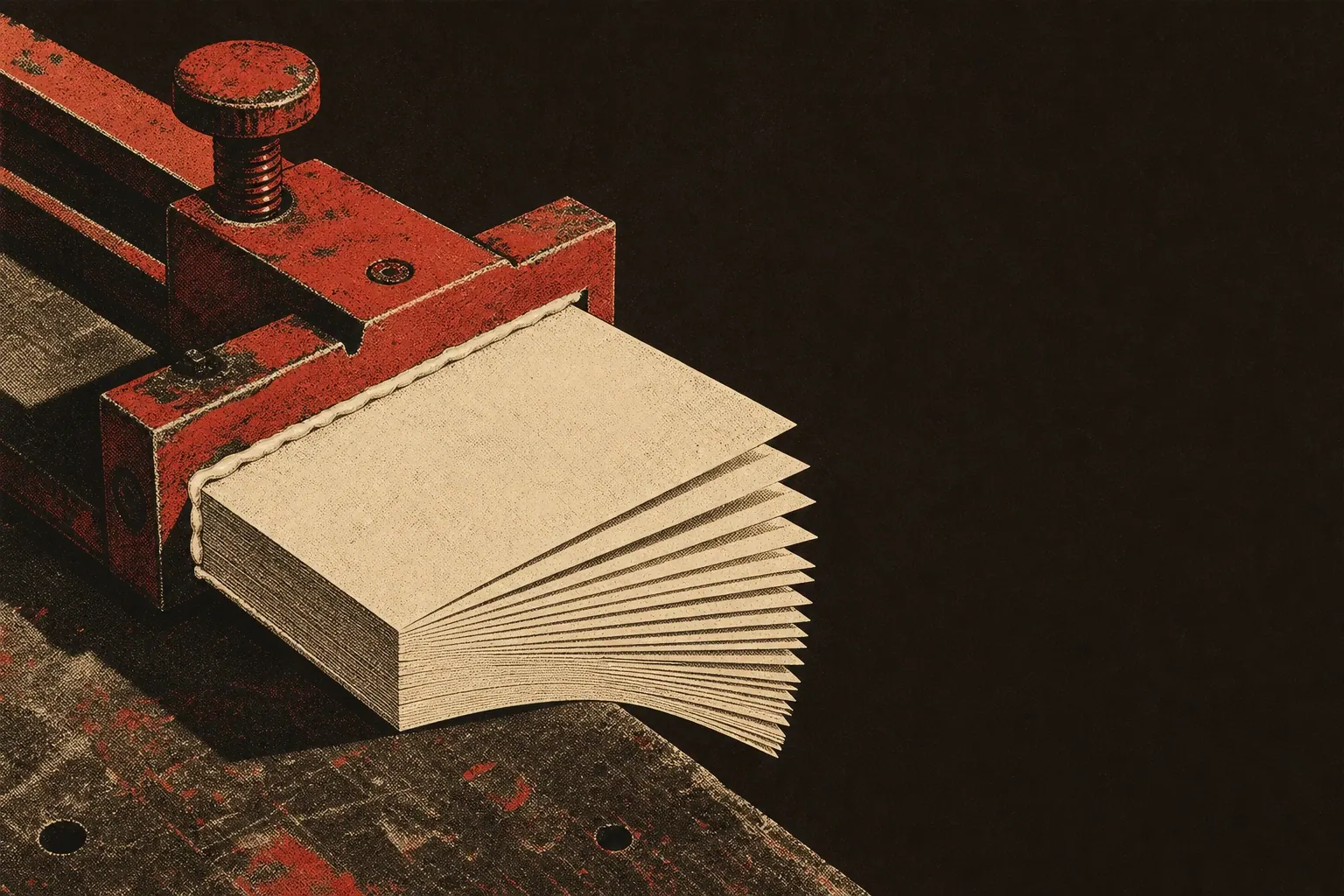 A block of cream book pages clamped in a binding machine, the fore-edges fanned