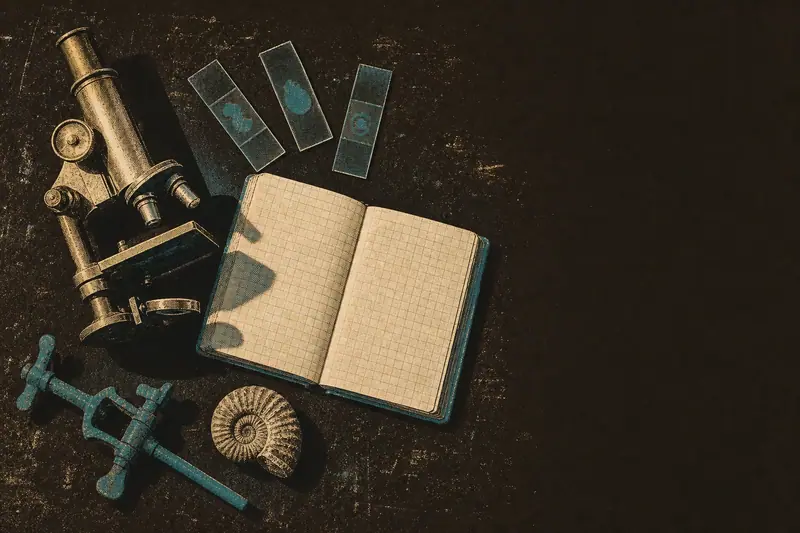 A brass microscope, glass slides, an open graph-paper notebook, a burette clamp and an ammonite fossil