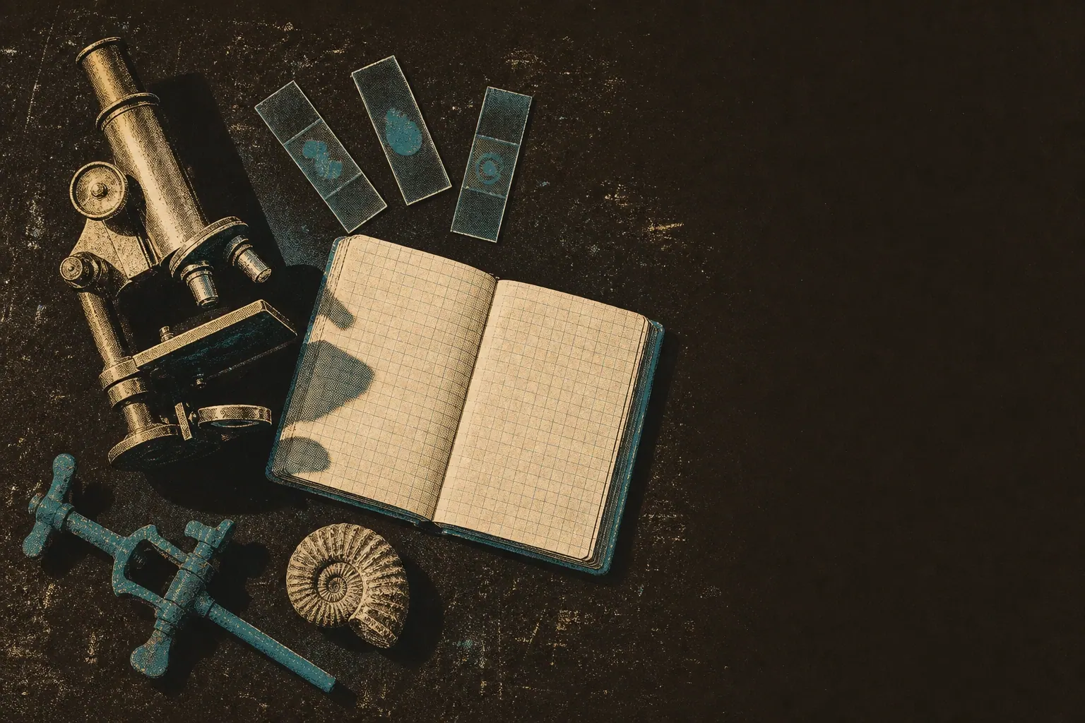 A brass microscope, glass slides, an open graph-paper notebook, a burette clamp and an ammonite fossil