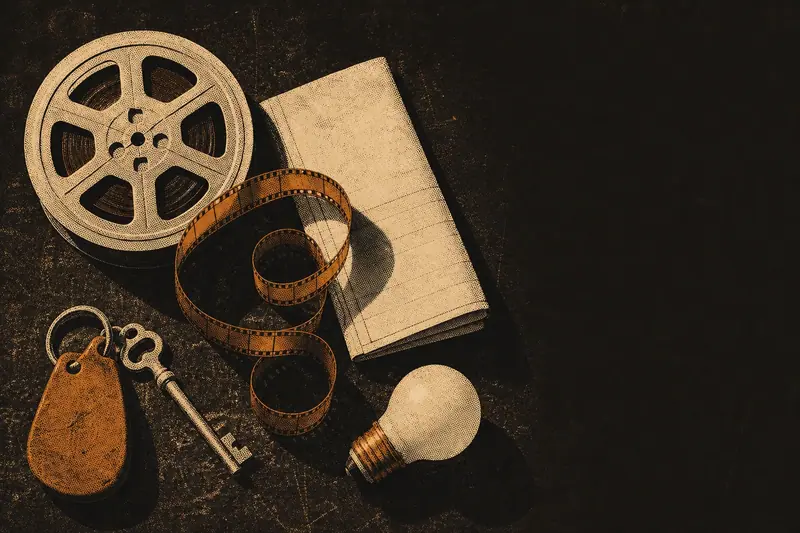 A reel of 35mm film, a stage-door key, a folded shooting schedule and a dressing-room bulb