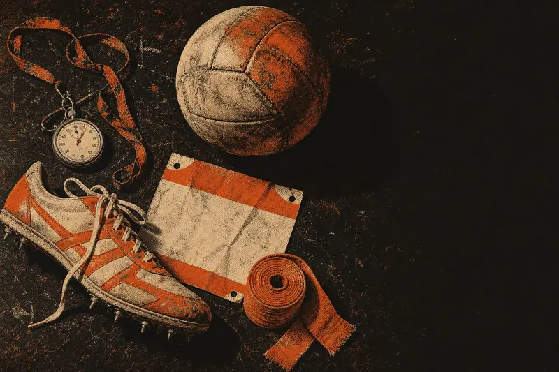 A stopwatch on a lanyard, a spiked running shoe, a numbered race bib, a rolled hand wrap and a scuffed leather ball